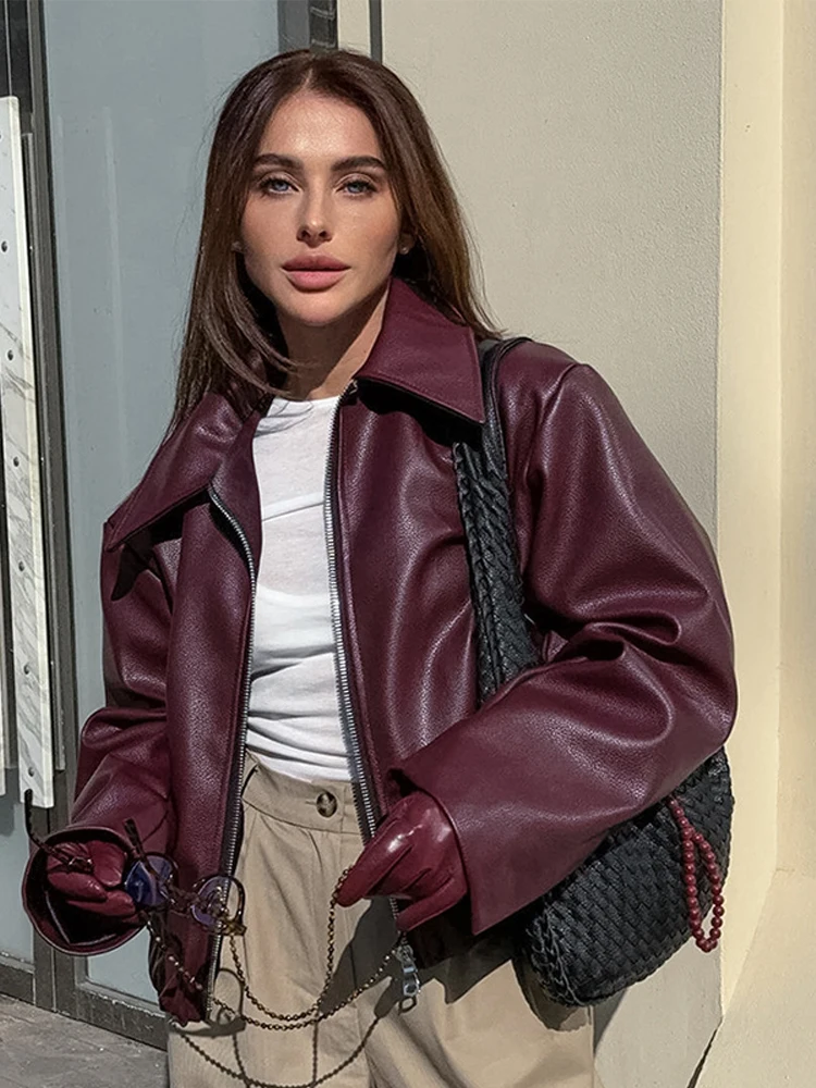 Street Leather Zipper Lapel Jackets Women Casual Wine Red Long Sleeve Coats For Woman Vintage Short Motorcycle Outwears Tops