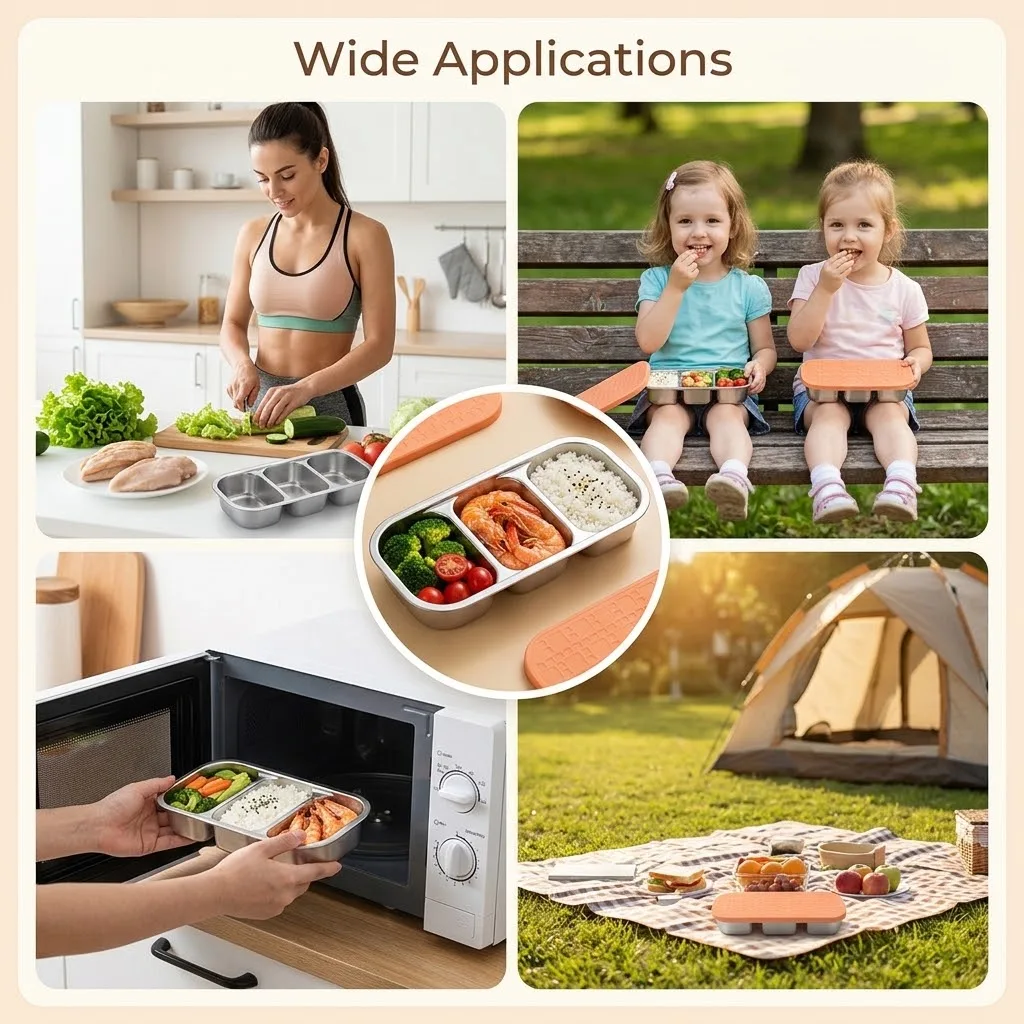 3 Compartment Stainless Steel Bento Box With Silicone Lid Portable Divided Food Tray For Kids Adult Picnic Camping Travel