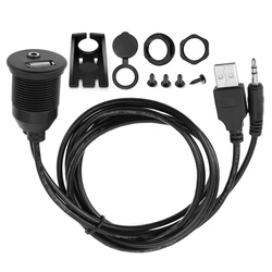 1M USB & 3.5mm AUX Male to Female Extension Cord Dashboard Mount Flush Panel Cable for Car Truck Boat Motorcycle Waterproof Cord