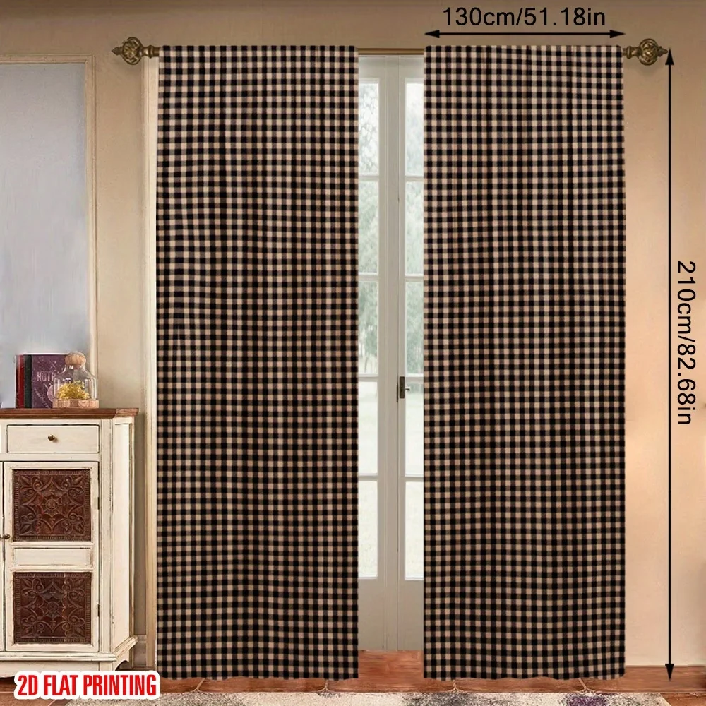2PCS Digital Printed Curtains, Dark Brown Plaid Checkered Tartan Pattern, Window Drapes for Living Room Bedroom Home Decoration