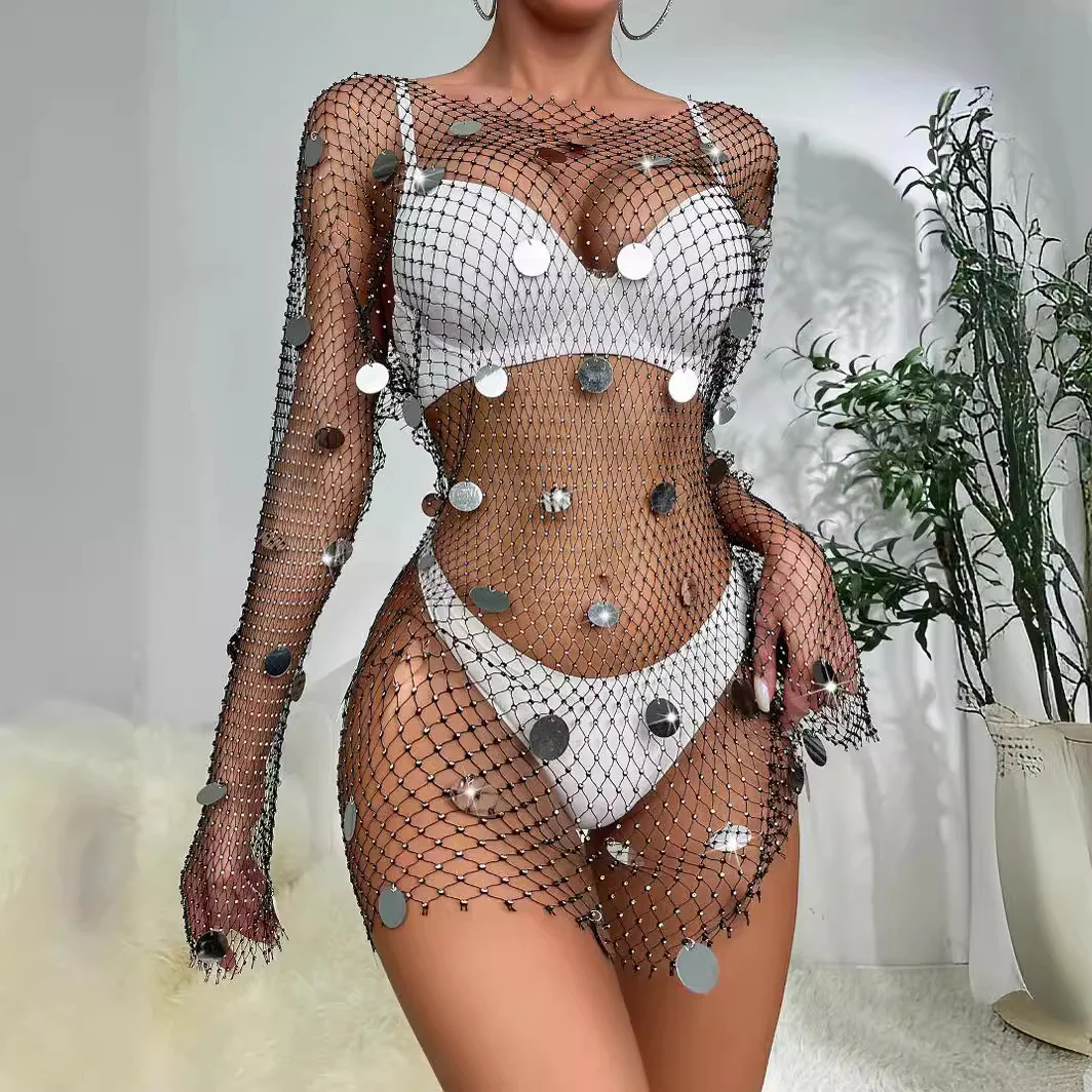 Women's Rhinestone Mesh Fishnet Bodycon Club Dress See Through Shiny Long Sleeve Beach Swimwear Bikini Cover Up Mini Skirts