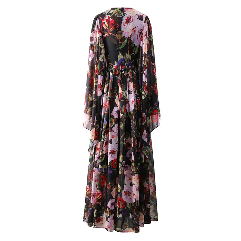 Women Floral Printed Dresses 2024 Casual Holiday Ladies Loose Round Neck Long Skirt High Waist A Line Dress Elegant Clothes