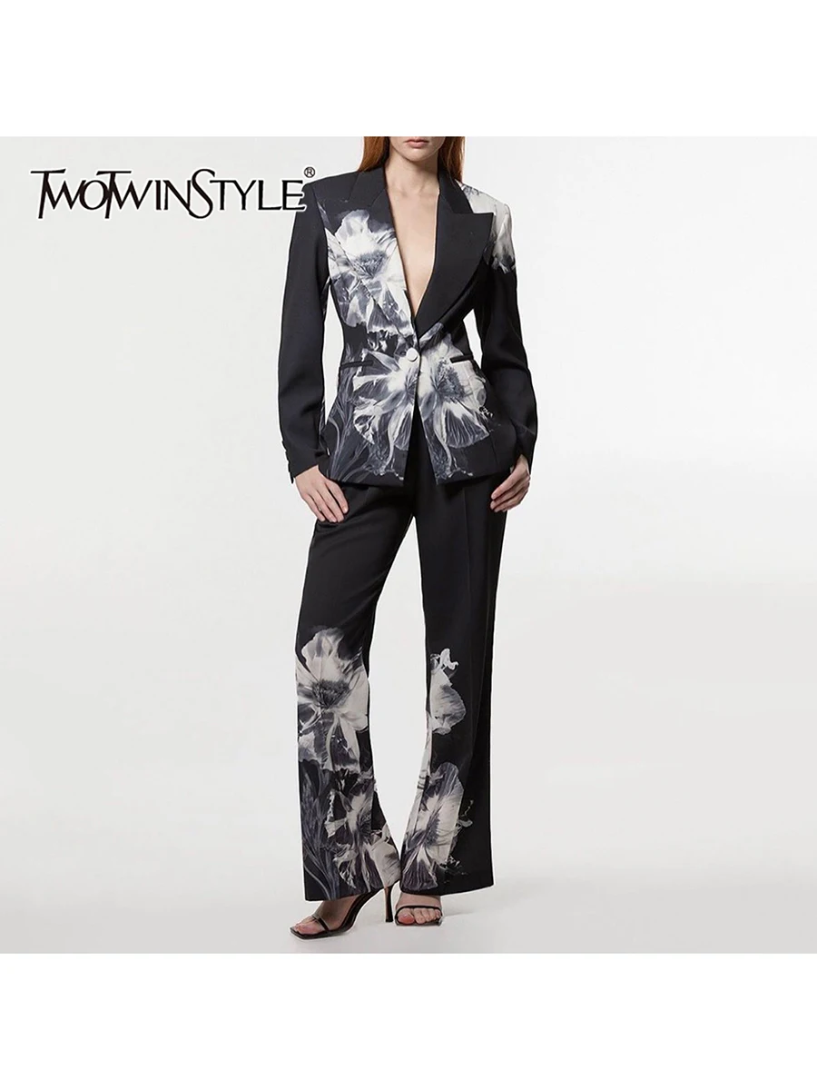 TWOTWINSTYLE Slimming Printing Two Piece Sets for Women Lapel Long Sleeves Spliced Button Balzer High Waist Pant Set Female New