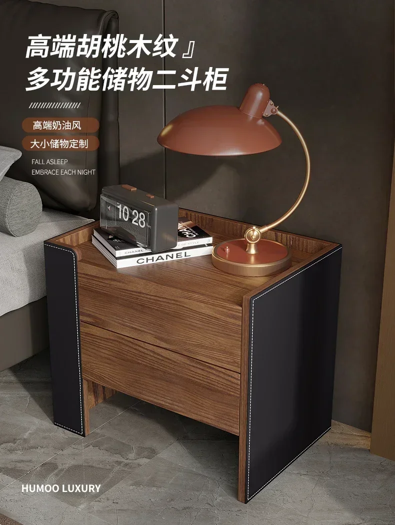 Medieval style bedside cabinet Modern bedroom Bedside storage cabinet Saddle leather solid wood two-chest cabinet
