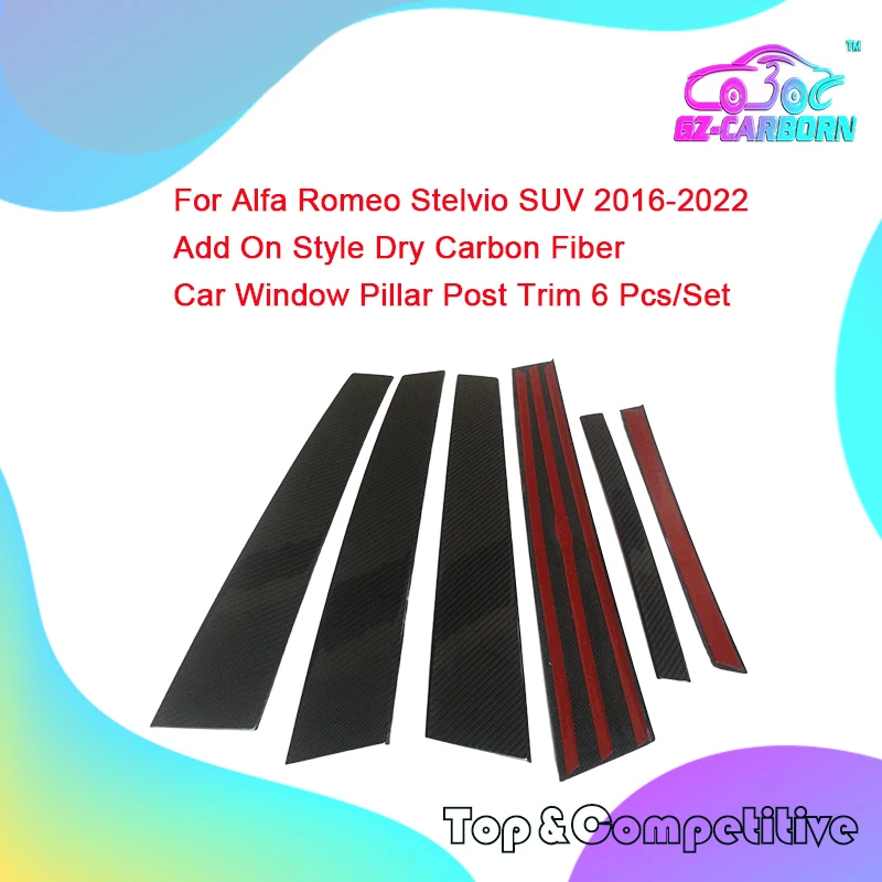 For Alfa Romeo Stelvio 949 2016-2022 Add On Style Gloss Black Real Carbon Fiber Car Window Pillar Post Trim 6 Pieces/Set