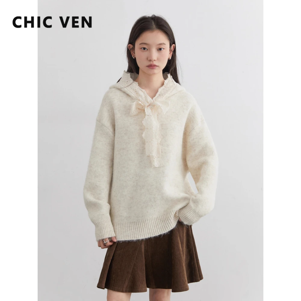 CHIC VEN Fashion Women Sweaters Loose Casual New Hooded Lace Up Design Jumpers Warm Female Top Autumn Winter 2025 Woman Clothes