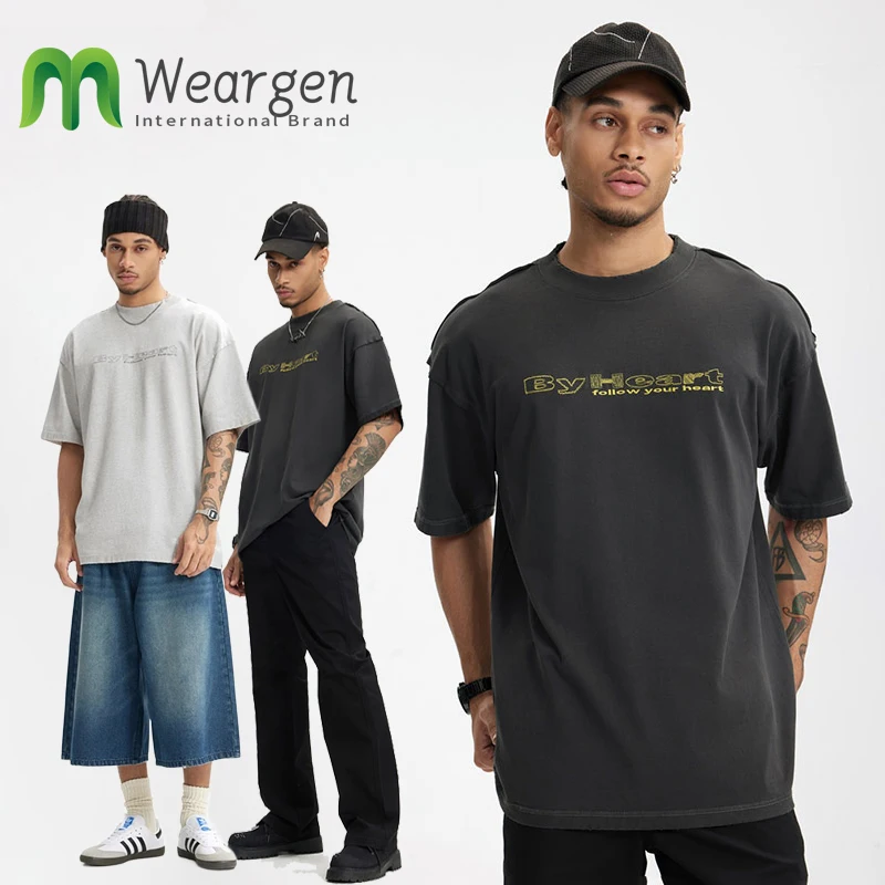 

Мужская футболка из чистого хлопка с потертостями и вышивкой, летняя свободная футболка в американском стиле ретро, модный повседневный топ с короткими рукавами 8062S25