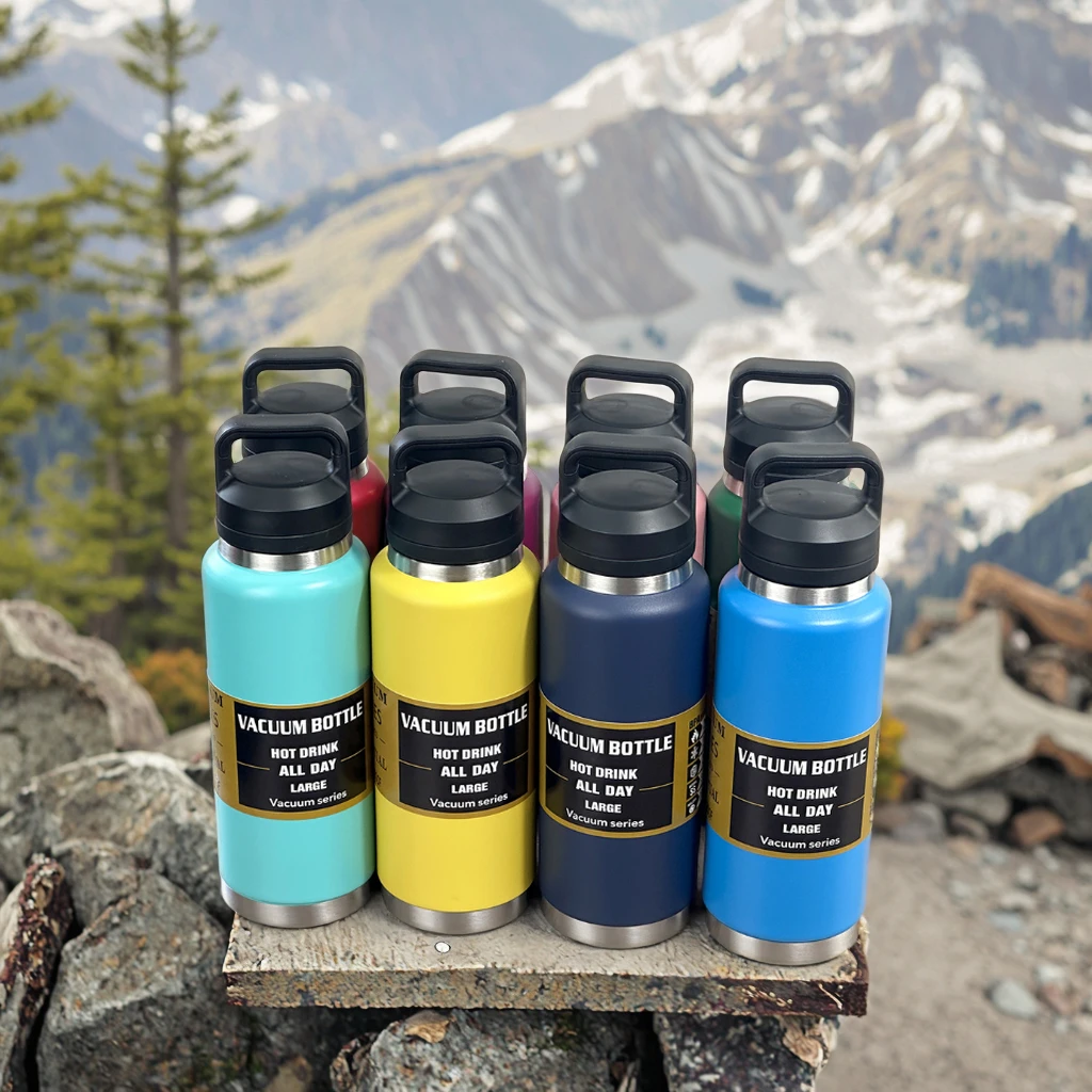 

Custom 18oz 26oz 36oz Beverage Thermos Thermos Stainless Steel Wide Mouth Water Bottle with Chug Cap Handle