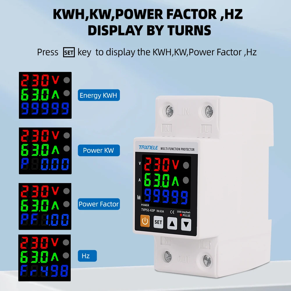 3IN1 Display Din Rail Adjustable Over Under Voltage Surge Protector Relay Over Current Protection Kwh Power Meter 230V 63A