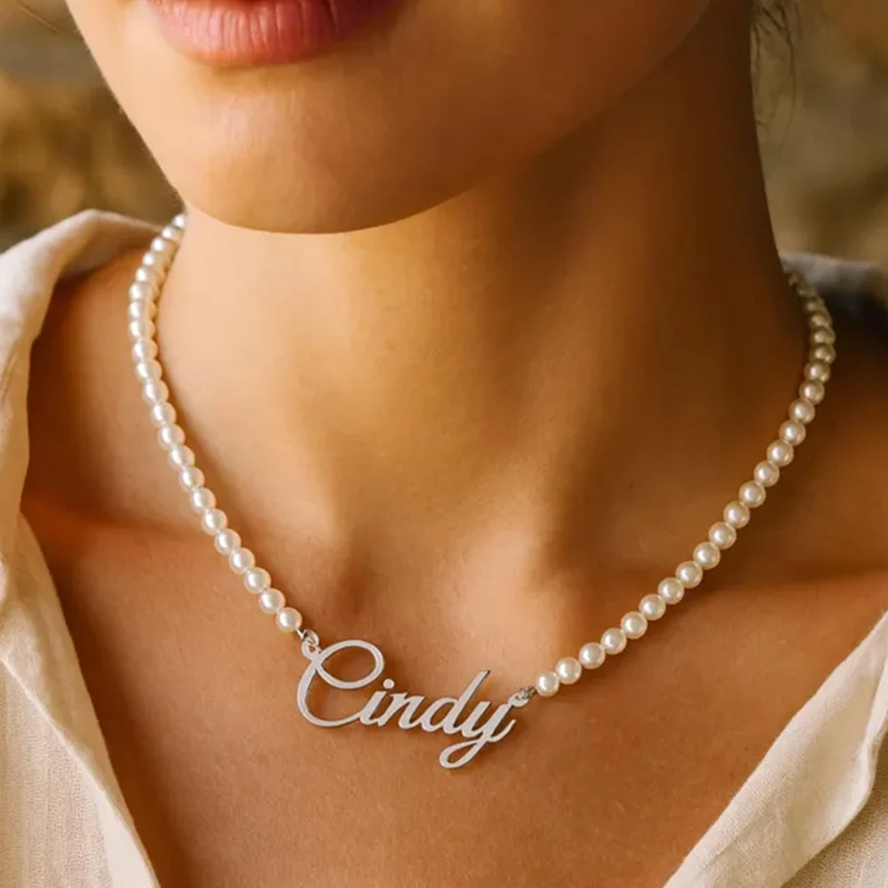 Customized Name Letter Imitation Pearl Necklace Stainless Steel Personalized Name Necklace Women's Jewelry Wedding Gift