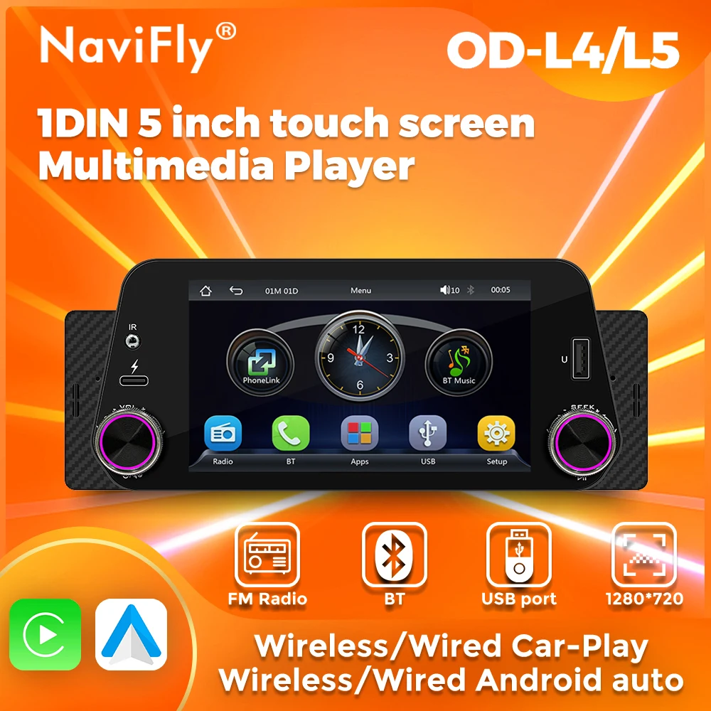 

Navifly 5 Inch 1280*720 Android Auto Car Radio Player Wireless CarPlay BT Handsfree GPS FM USB 1 Din MP5 Player HD Screen
