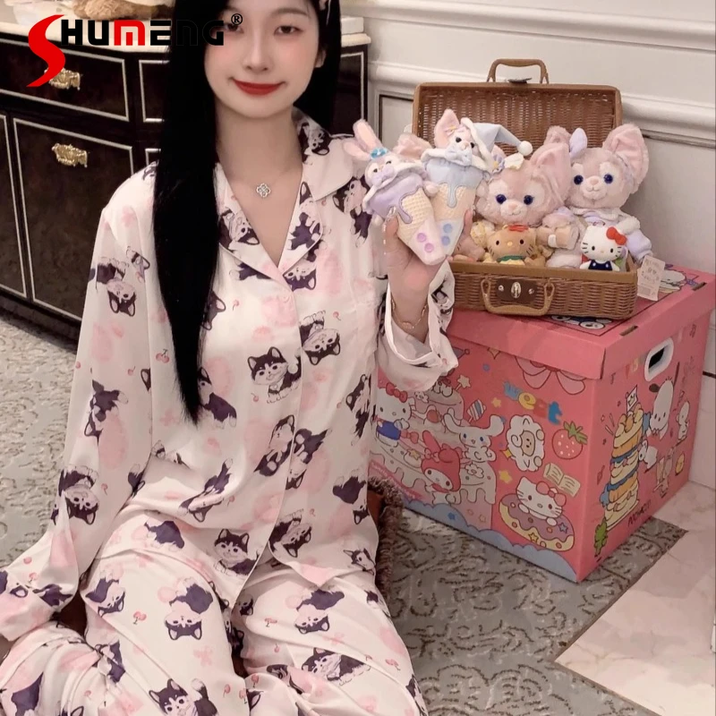 

Комплект женской домашней одежды из искусственного шелка (сатина) в японском стиле для весны и осени: пижама с длинным рукавом, свободный крой, для сна