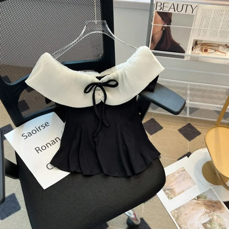 2025 French Style Celebrity Temperament Bow Blouse Women's Summer New Solid Color Show Shoulder Sexy Slim Fit Chic Top