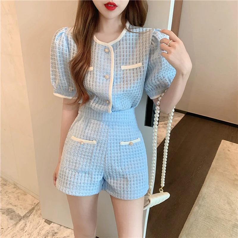 Fashion Blue Jacquard Shirts Women Slim Crop Tops Puff Short Sleeve Blouse Casual Wide Leg White Shorts 2 Piece Sets