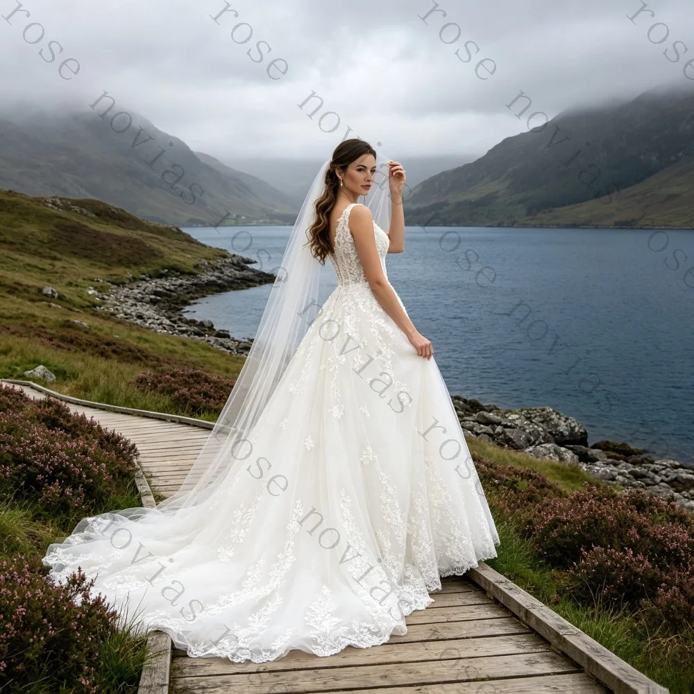 Customized Square Neck Sleeveless Lace Wedding Dresses 2026 Sheer A-line Floral Decal Bridal Gown Luxurious Princess Big Tail
