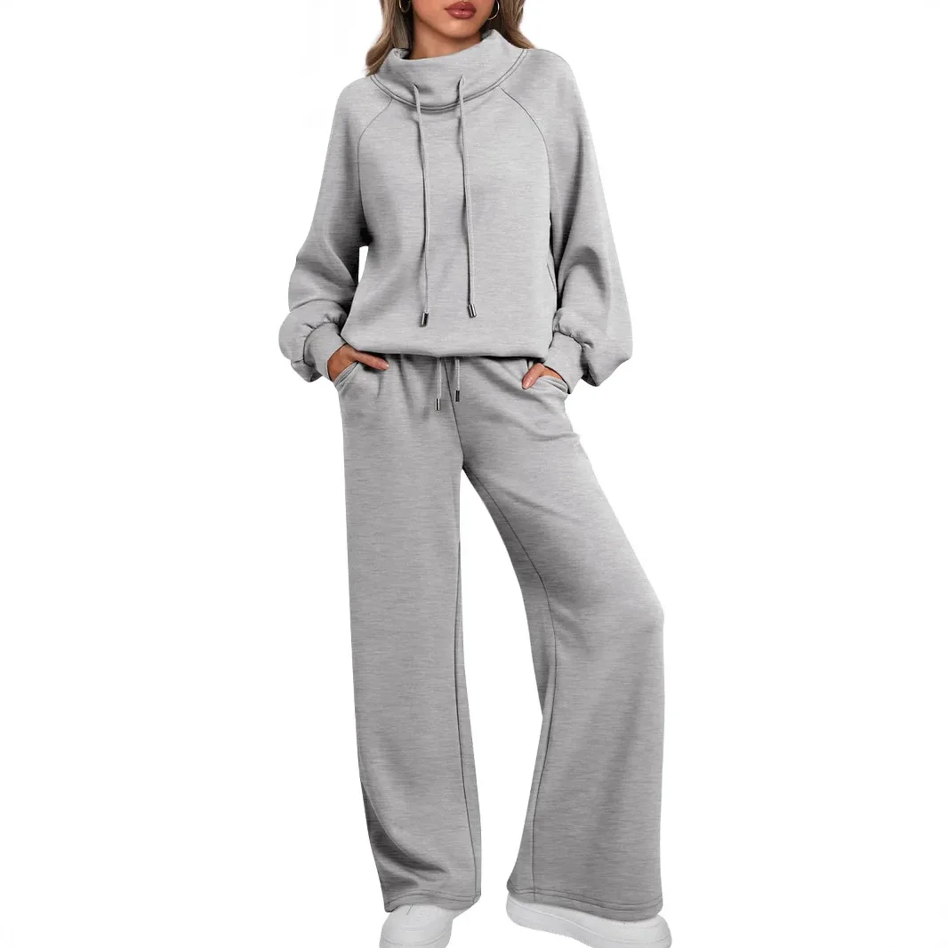 

2025 Однотонный спортивный костюм, пуловер с высоким воротником, широкая нога, высокая талия, повседневный свитшот, свободный комплект из двух предметов, женские комплекты из 2 предметов