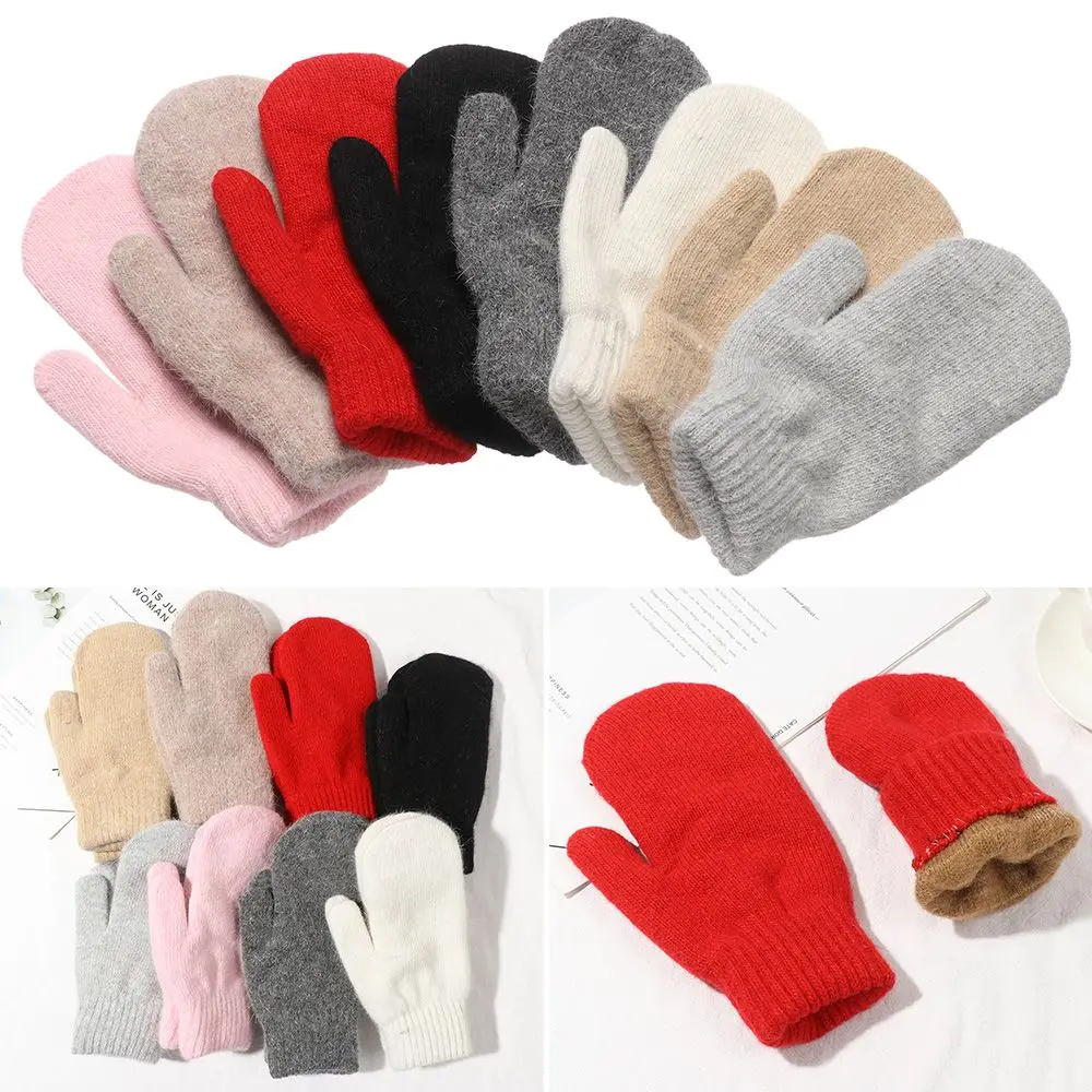 Dupla camada luvas de cabelo de coelho feminino inverno versão coreana cor sólida todos os dedos inverno luvas femininas meninas luvas