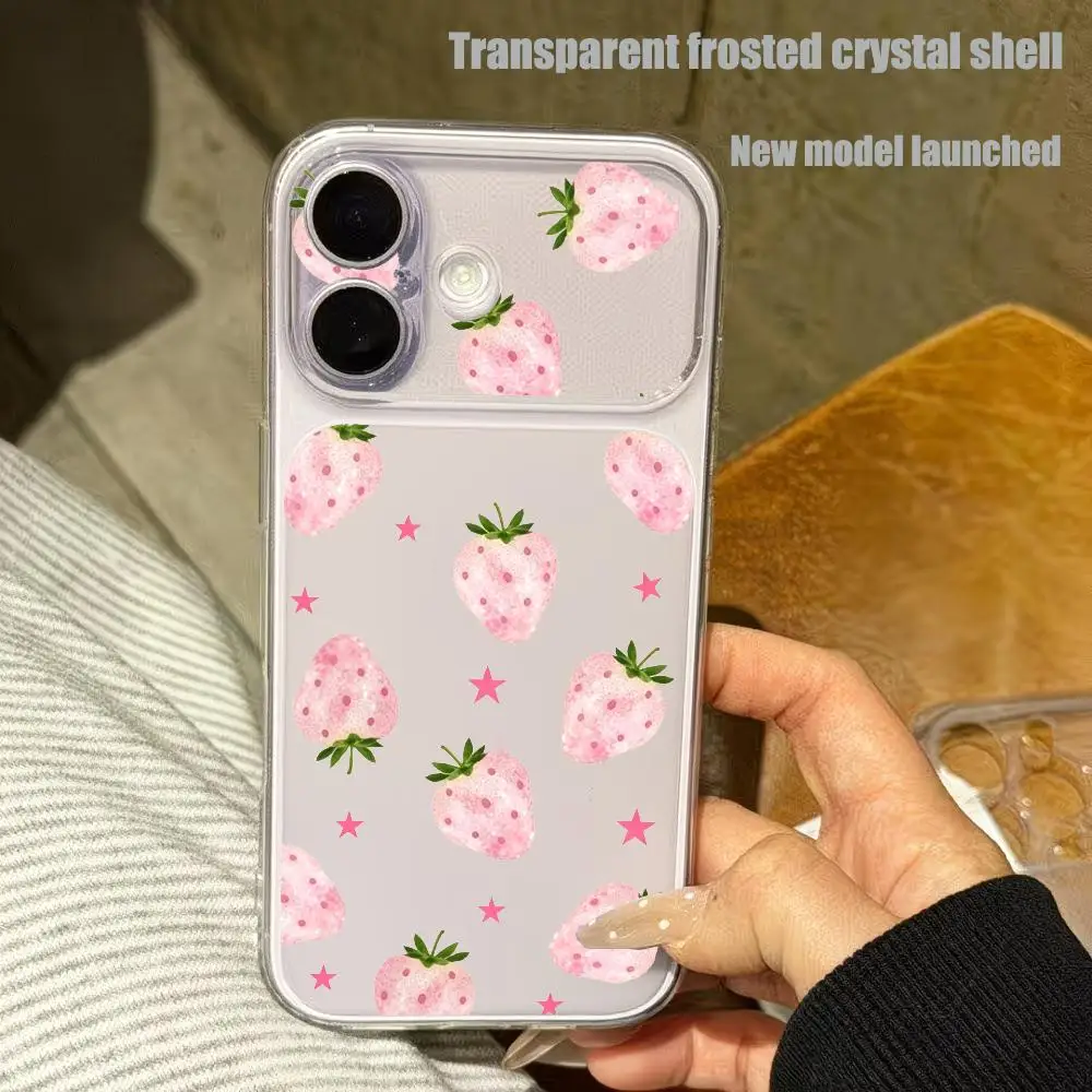 Pink strawberry pattern transparent phone case suitable for iPhone 18 17 16 15 14 13 12 11 Pro/Max/Plus anti drop and shockproof