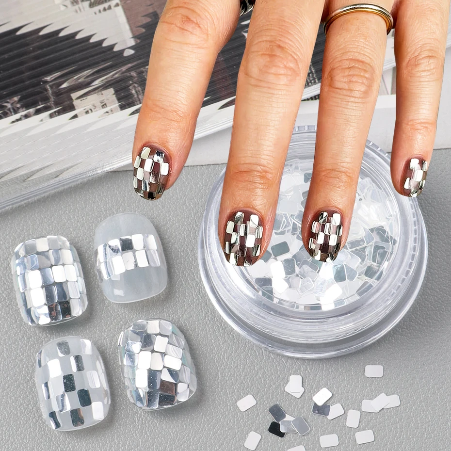 1 Flasche holografische, quadratische, silbrige Nail-Art-Pailletten, minimalistisches Luxus-Design, Nagel-Pailletten, Charm-DIY-Nageldekorationen