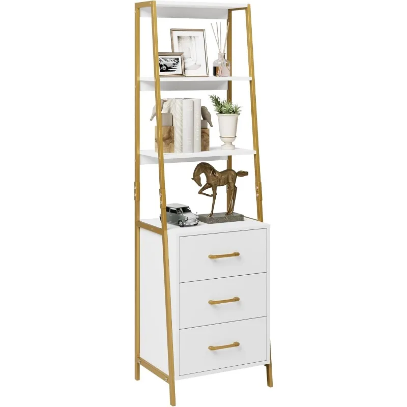 4-Tier Bookshelf, Tall Bookcase with 3 Wooden Drawers, Modern Ladder Book Shlef Storage  , Entryway, Office, White Gold