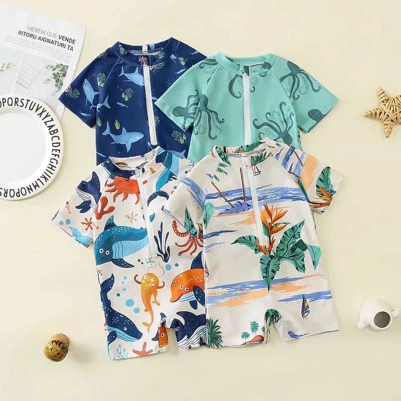 Boys One-piece Swimsuit Kids Cute Cartoon Shark Whale Print Sun-protective Quick-Dry Zipper Surfing Bathing Suit Baby Swimwear