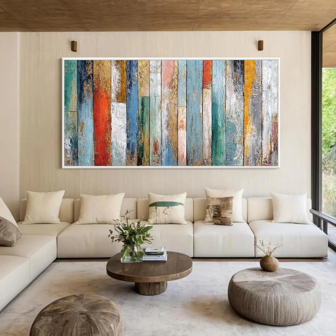 Textured Vertical Stripes Oil Painting, Gold Leaf Wall Art, Modern Farmhouse Canvas