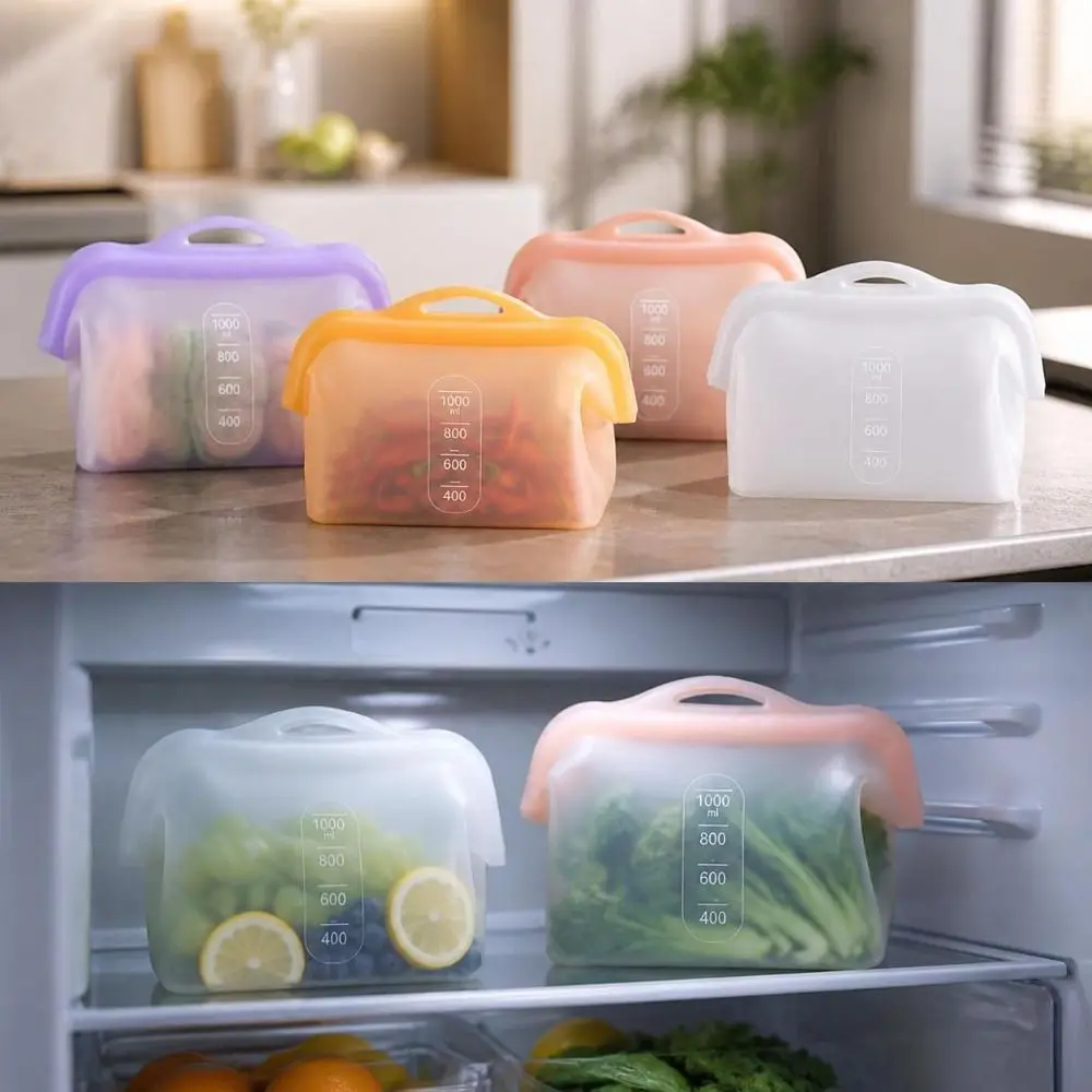 With Handle 1000ML Silicone Fresh-keeping Bag Odor-Proof Leak-Proof Upright Freezer Bags Large Open Reusable Sealed Bag