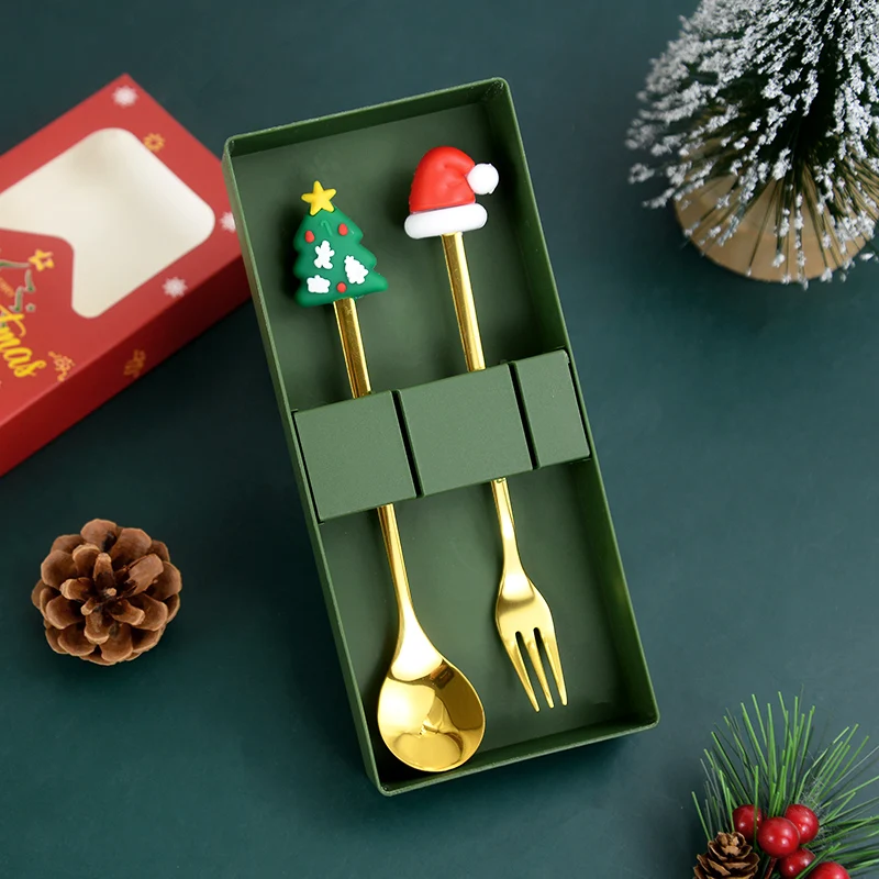 Christmas Dinnerware Party Fork Spoon Kits Portable Stainless Steel Cutlery Dessert Flatware Set Holiday Ambience Tableware Gift