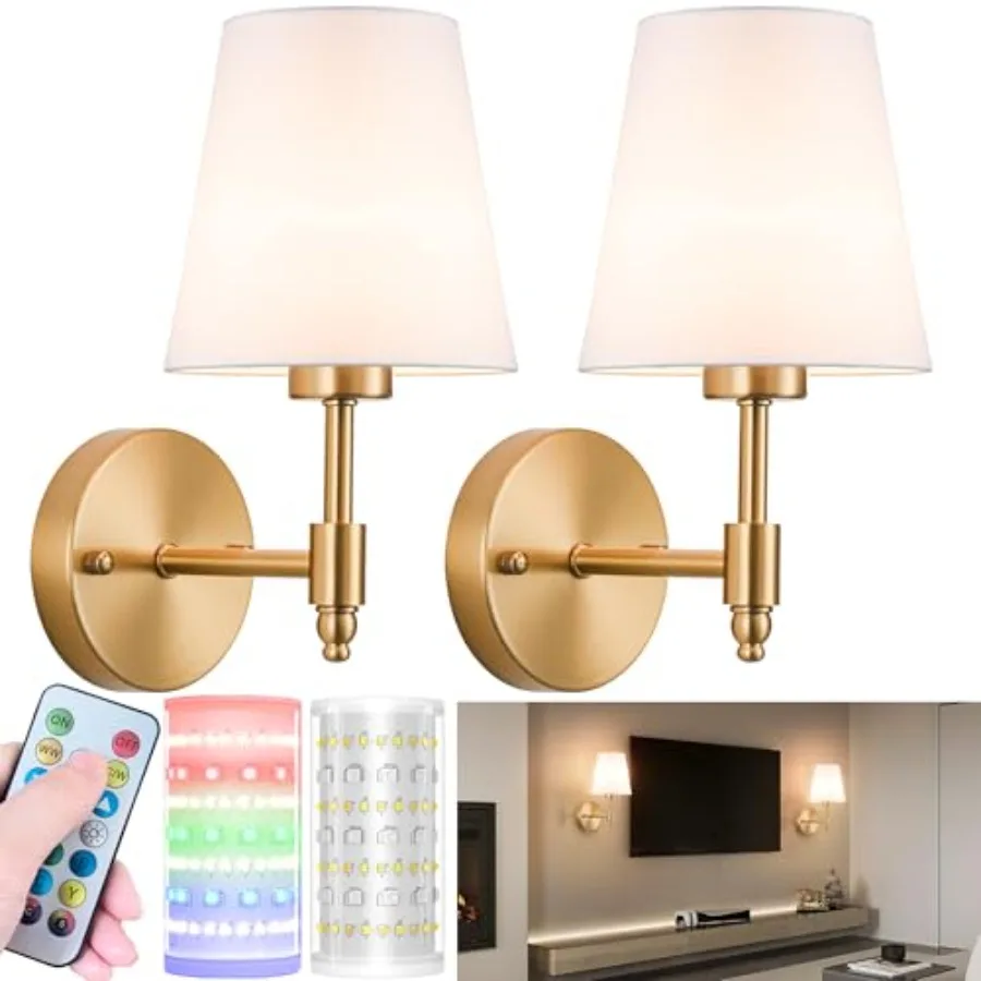 

Battery Operated Wall Sconces Set of Two Wireless Battery Wall Light with 10000mAh RGB Dimmable Magnetic Bulb and Remote Rechar