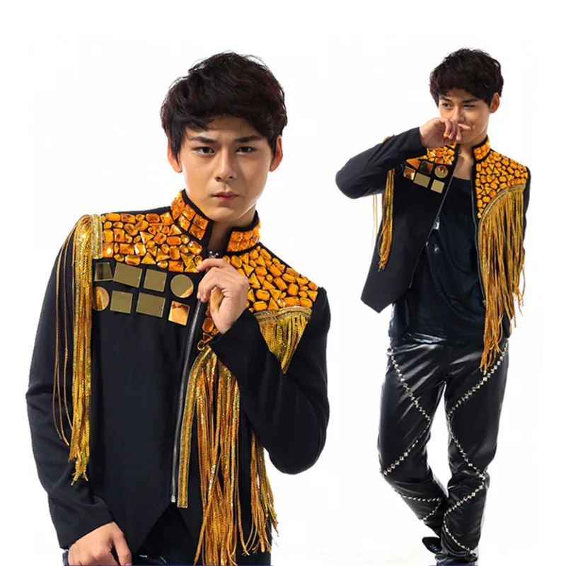 

High Quality Men's Rhinestones Sequins Tassel Blazer Drummer Rock Singer Zipper Slim Coat for Nightclub Concert Performance Coat