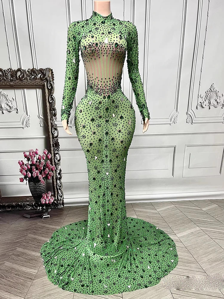 고품질 라인스톤 스팽글 섹시 탄성 메쉬 드레스 2025 신상 맞춤 여성 의류