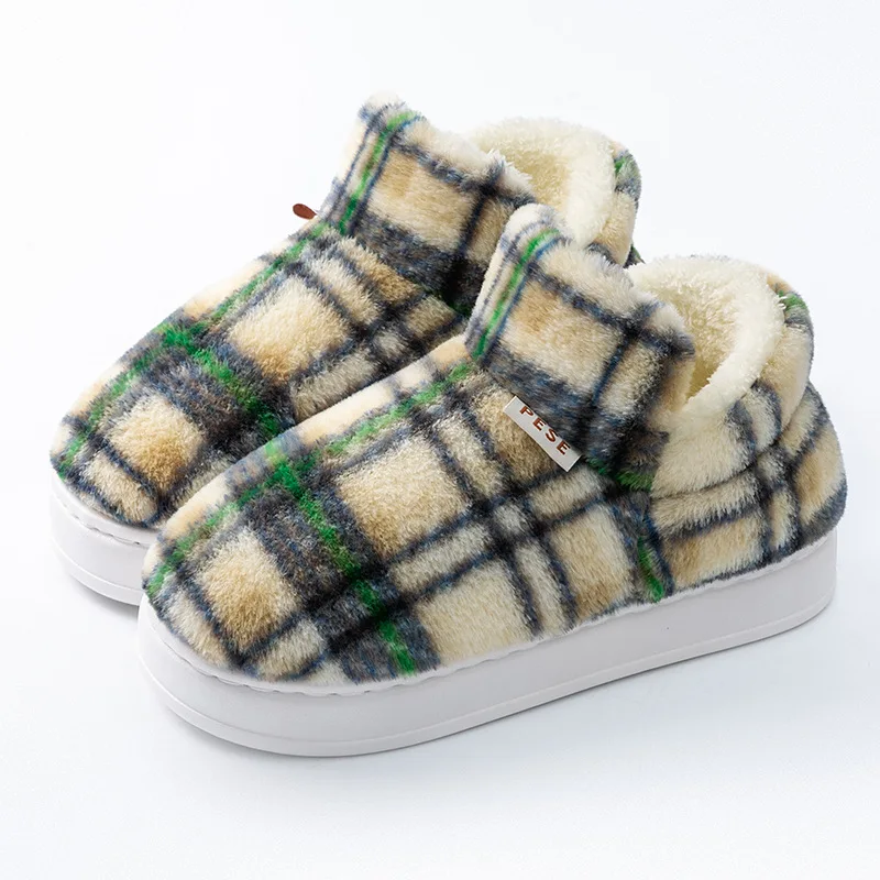 

Plaid Fluffy Platform Slippers Winter Warm Cotton Couple Ankle Boots Non-Slip Home Slipper for Women Men Comfortable Winter Shoe
