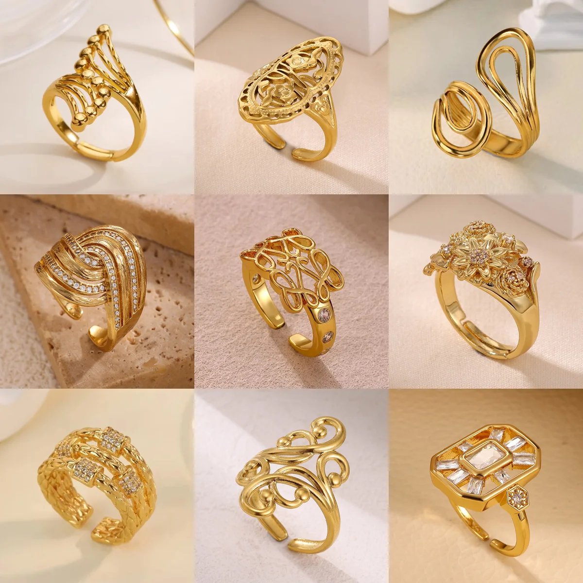 Einzigartige geometrische Ranken-Zirkonia-Ringe für Frauen, luxuriöse goldfarbene, glänzende offene Ringe, Party, Hochzeit, romantischer Schmuck, Geschenkring für sie