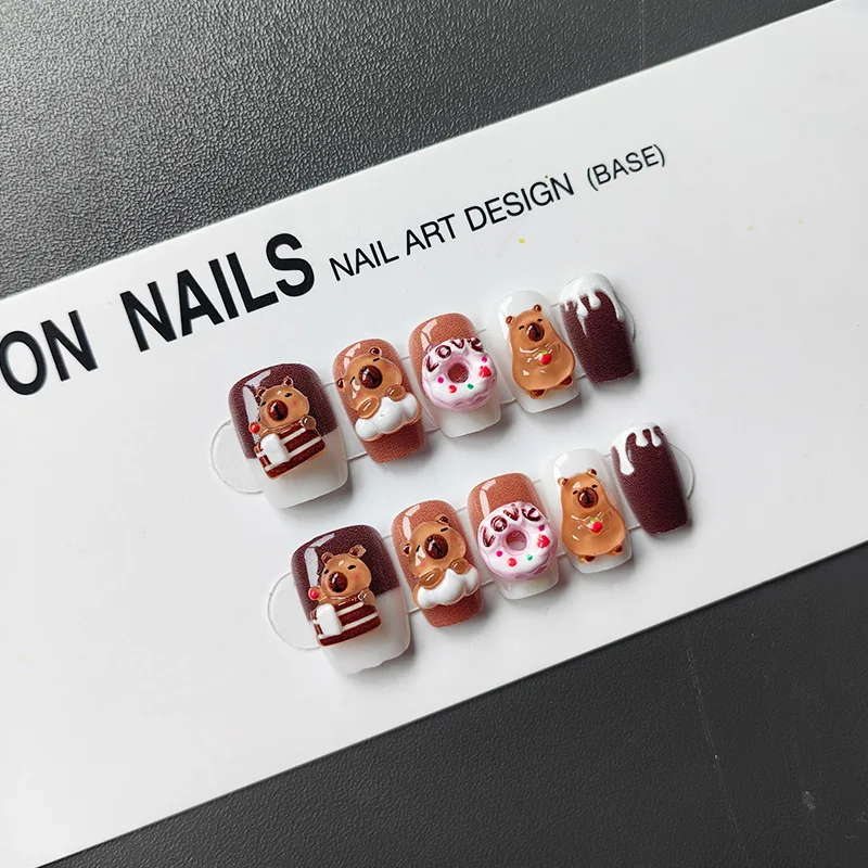 

10pcs Handmade Press-On Nails Cute Cartoon 3d Capybara Short Nail Tips Kawaii False Nail With Donut Design For Women&Girls