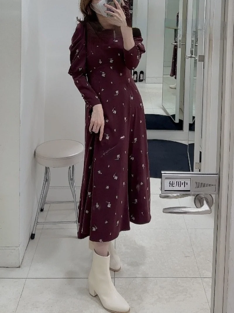 

WAKUTA Heavy Industry Embroidery Dress Autumn Winter 2024 New Commuter Robe Femme Square Neck Puff Sleeve Lace Up Vestido