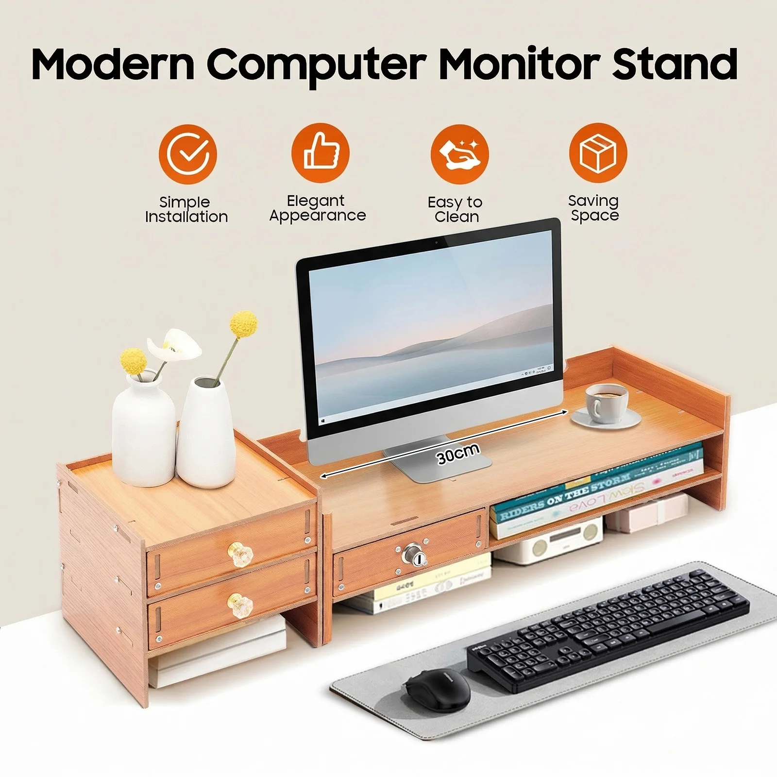 Ergonomic Computer Monitor Stand with Storage Drawers