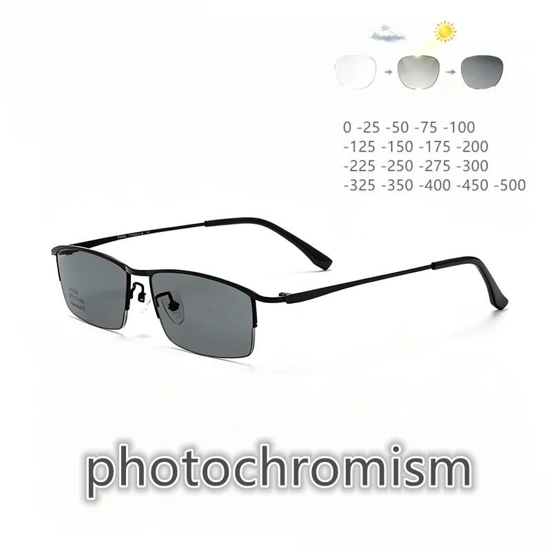 Myopia Glasses, Photochromic Non Spherical Resin Lenses, Men's Half Frame Full Frame Glasses Frame, 0-Degree, Myopia