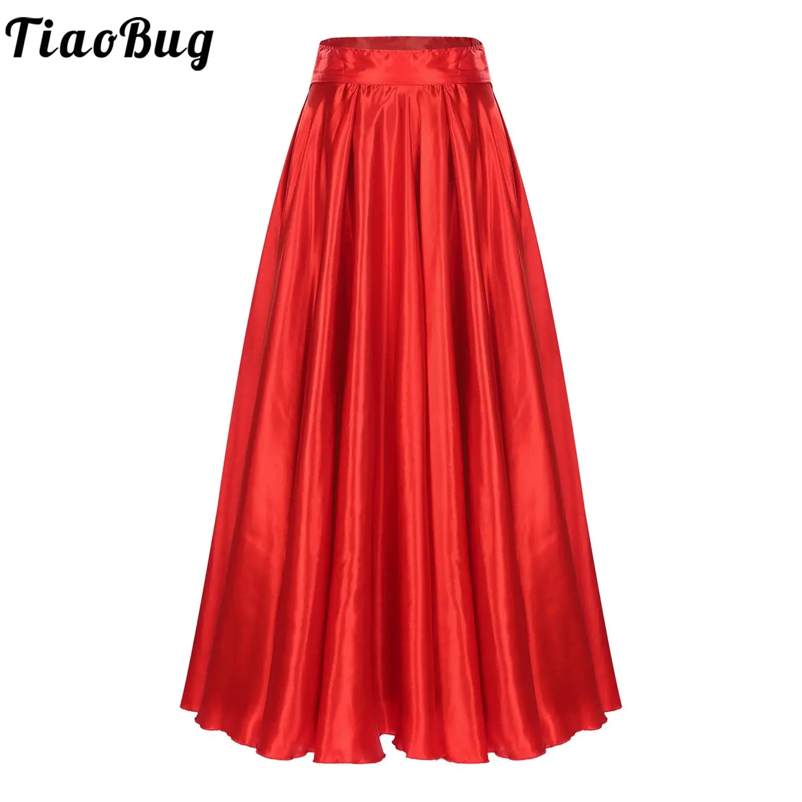 

Womens 360-Degree Spanish Flamenco Swing Skirt High Waist Satin Glossy Wide Hemline Ruffled Skirt for Dance Performance