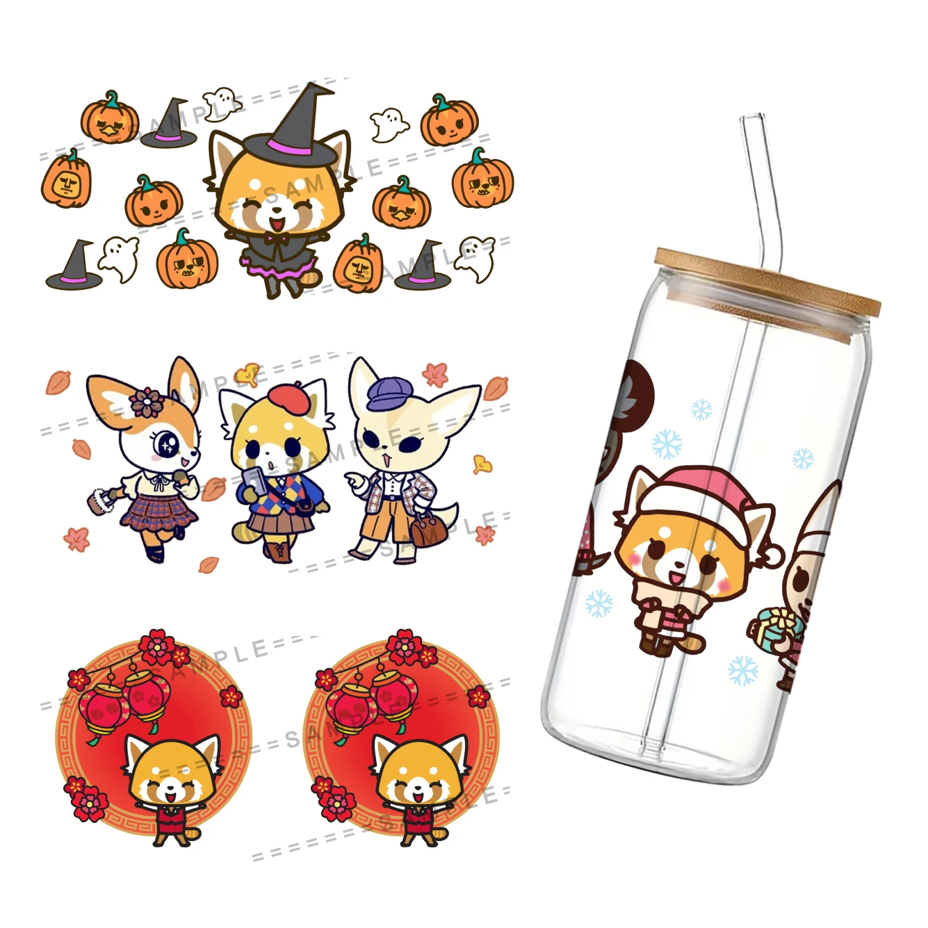 Sanrio Aggretsuko UV DTF Cup Wrap Transfer Sticker for 16 Oz Glass Coffee Cups UV DTF Transfer UV Transfer Crystal Sticker