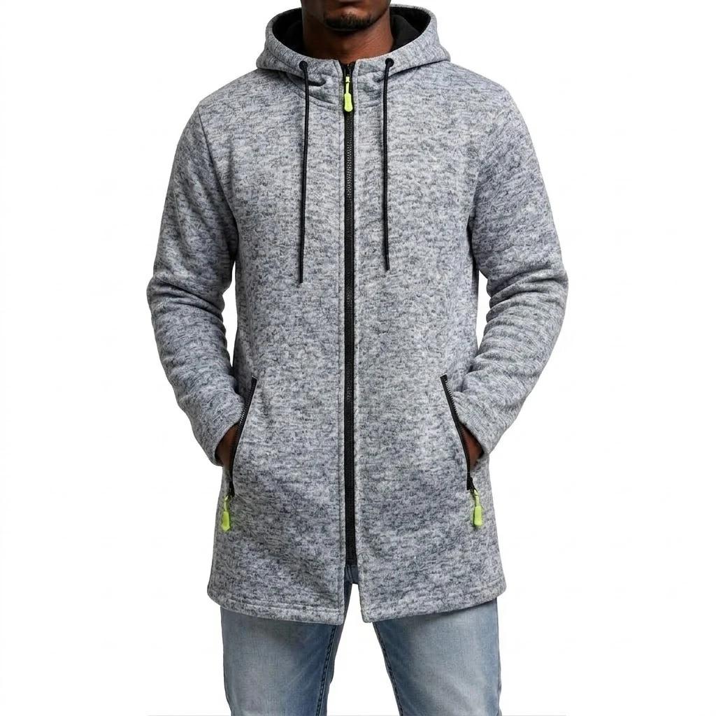 Neuer Herren-Hoodie mit Reißverschluss, lässiger mittellanger Sweatshirt-Fleece-Mantel, warmer Winter-Kapuzenmantel mit Reißverschlusstaschen. – Detail 5