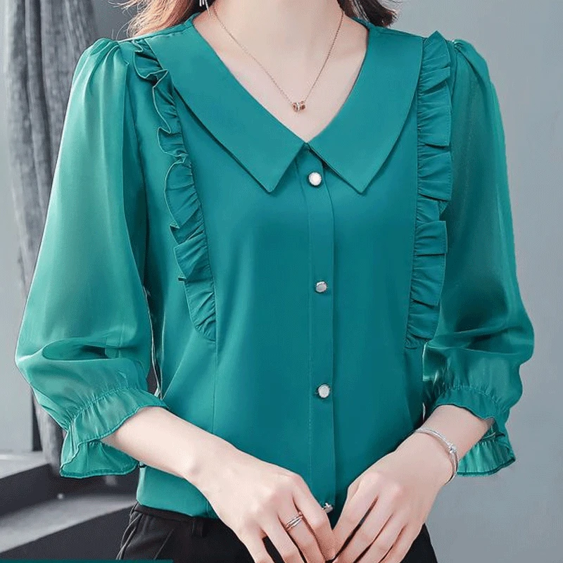 2023 Women\'s Clothing Net Yarn Sexy Patchwork Casual Korean Fashion Summer Loose Pullovers Buttons Solid Color O-neck Blouses