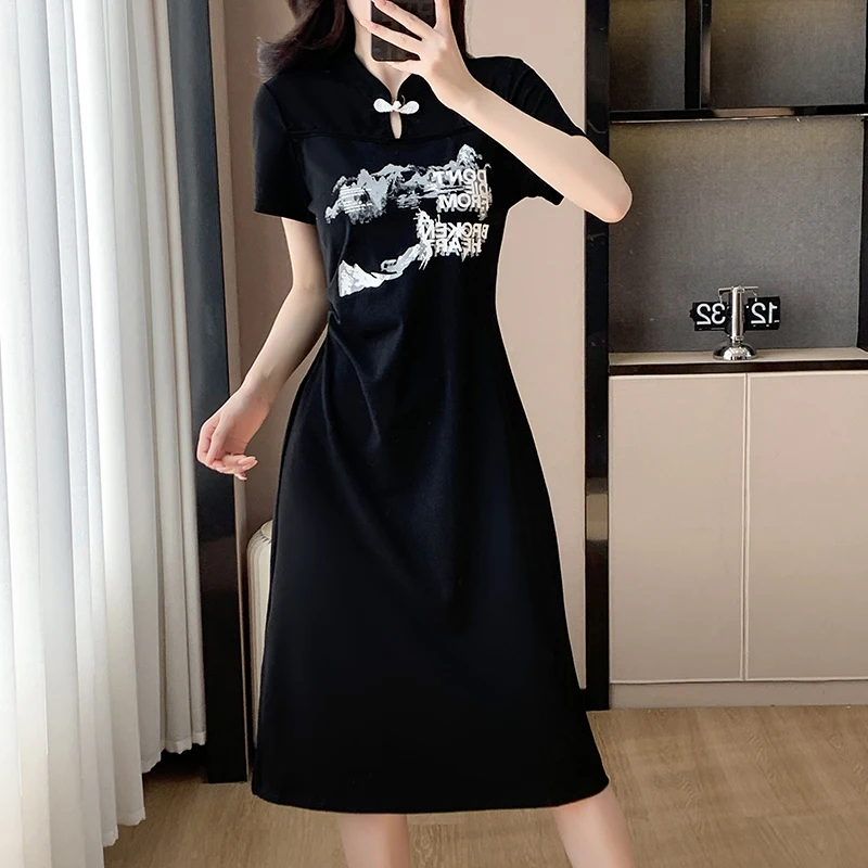 Women T-shirt Dresses Summer Female Stand Collar Short Sleeve Large Size Elegant Cotton Black Gray Chinese-style Print Vestidos