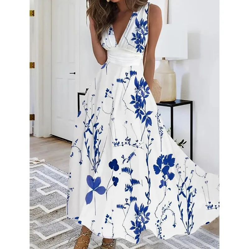 Women Dress Summer 2024 New Green Sleeveless Boho A-LINE Backless Shirring Long Dress Trendy Elegant Maxi Dress for Women Beach