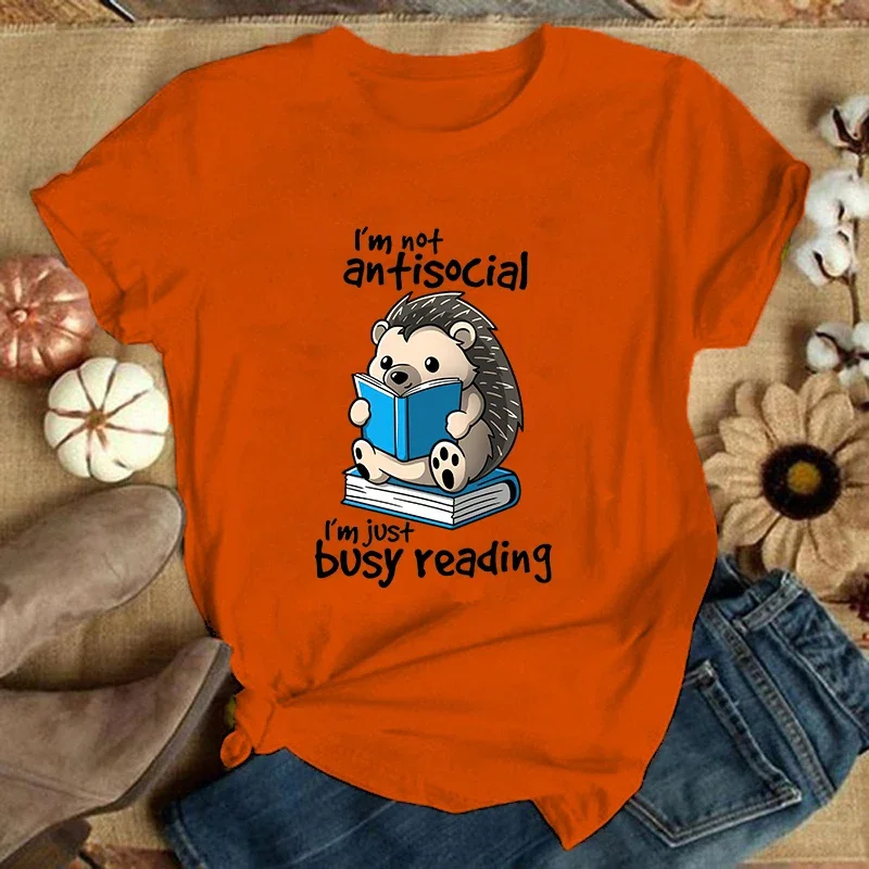 T-Shirts For Women Summer Short Sleeve Round Neck (Premium T-shirt)Hedgehog I'M Not Antisocial I'M Just Busy Reading Print