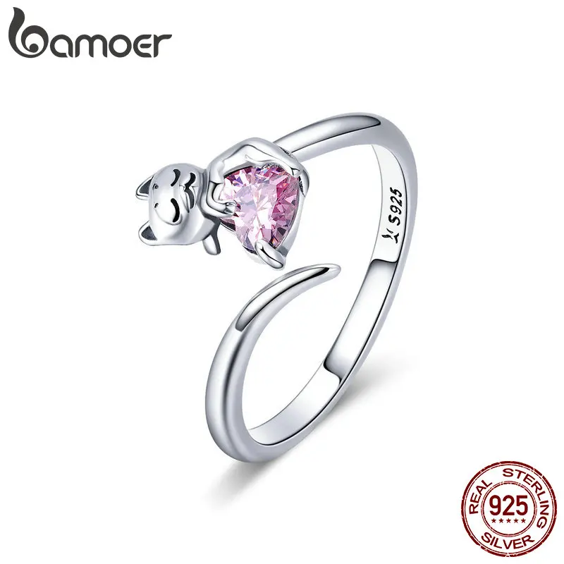 

BAMOER Authentic 925 Sterling Silver Adorable Cat Pink CZ Adjustable Finger Rings for Women Sterling Silver Ring Jewelry SCR446