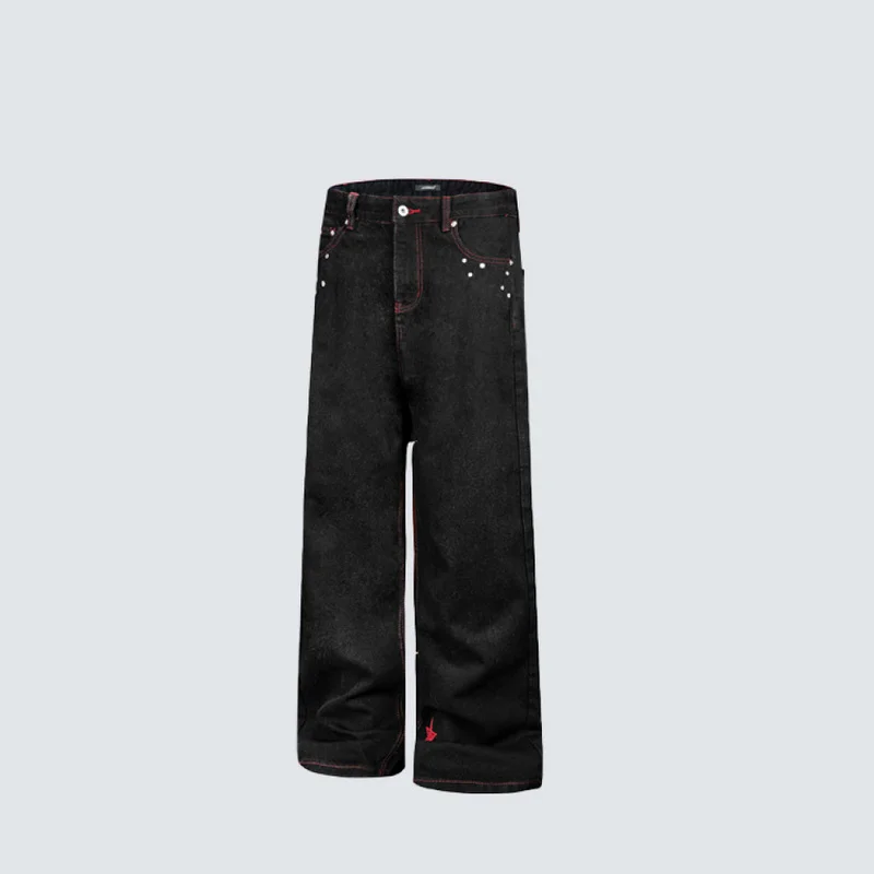 QICHE 2026 Men American Retro Black Denim Jeans Contrast Red‑Thread Embroidery Rivet Loose Wide‑Leg Straight Casual Long Trouser