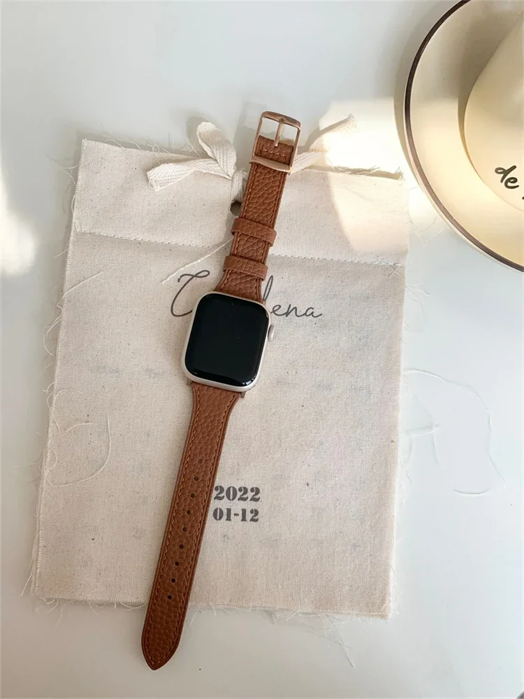 Retro Lychee Pattern Small Waist Leather Strap For Apple WatchBand 49mm 41mm 38 40mm Slim Band For iwatch Series 8 7 SE 6 5 4 3