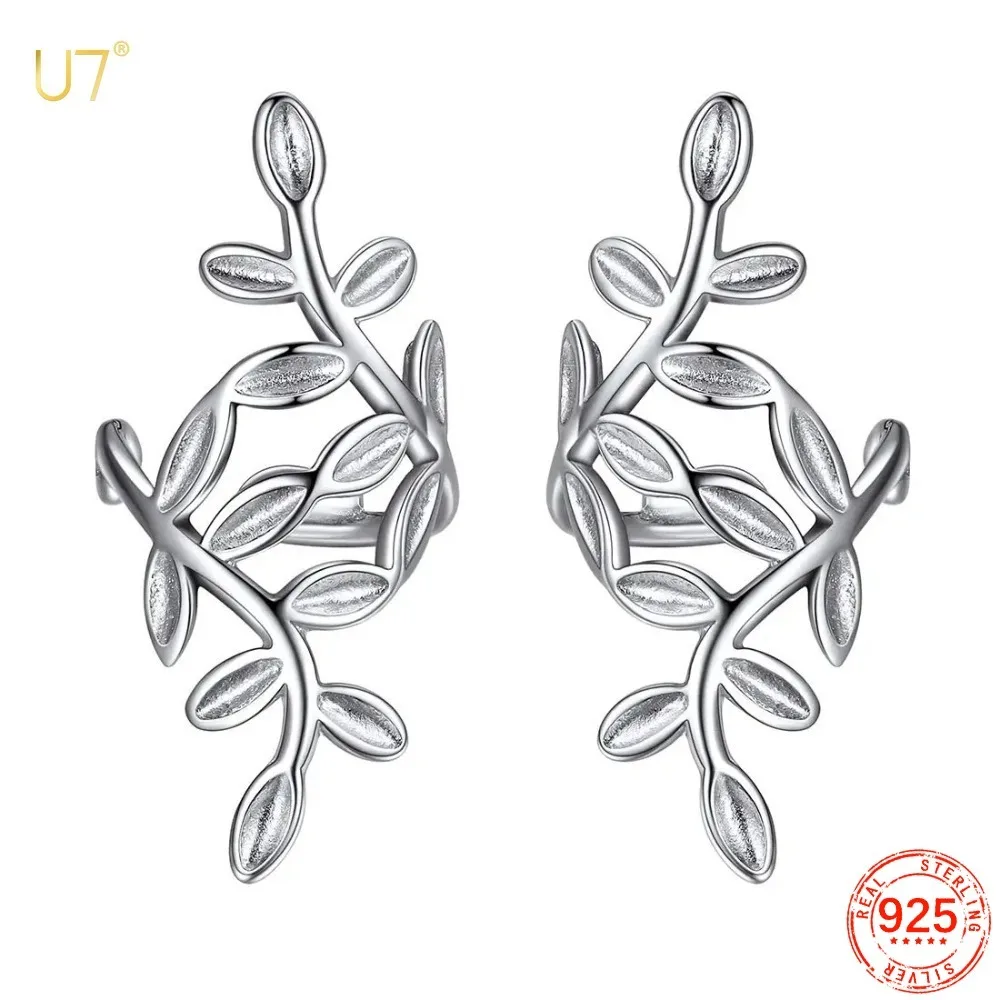 

U7 925 Sterling Silver Leaf Ear Cuff for Woman Non Pierced Earring Cartilage Clip Wrapped Earrings Dainty Jewelry Gift for Her