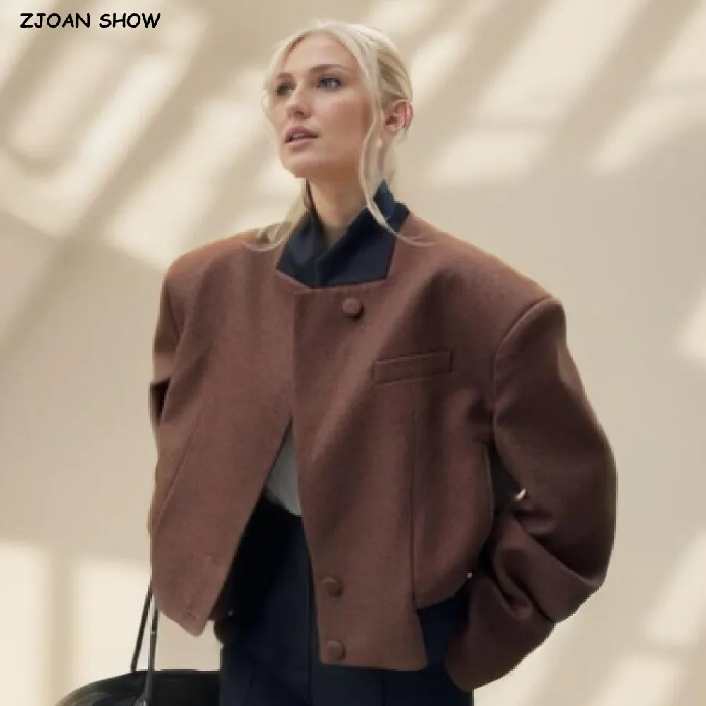 2025 Autumn Women Camel Contrast Stand Color Safari Coat Front Buttons Full Sleeve Pad Shoulder Loose Jacket Short Outerwear
