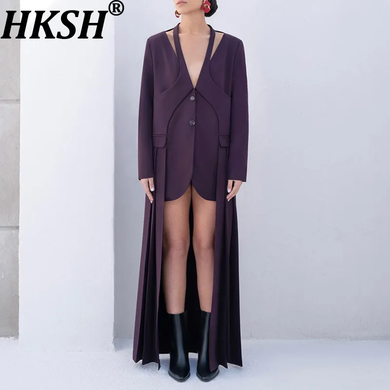

HKSH Women Chic Long Blazer V-neck Long Sleeves Single Breasted Solid Color Pleated Elegant Trend Trench Coat New Spring HK19925